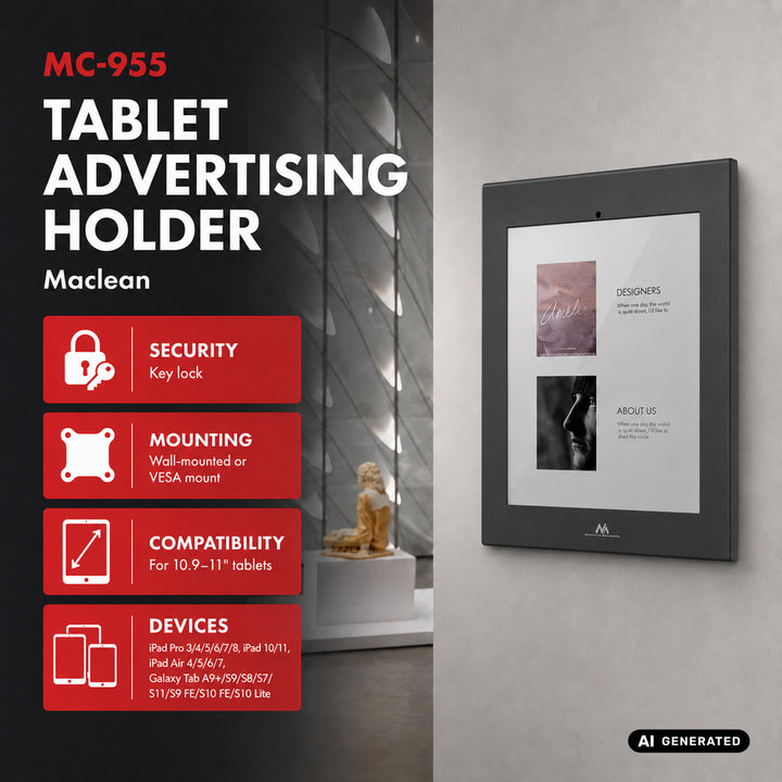 Maclean tablet-tartó, rögzítővel, 10,9–11 hüvelyk, iPad Air/Pro, Samsung Tab A és S sorozat, 220x323x22 mm, MC-955 B