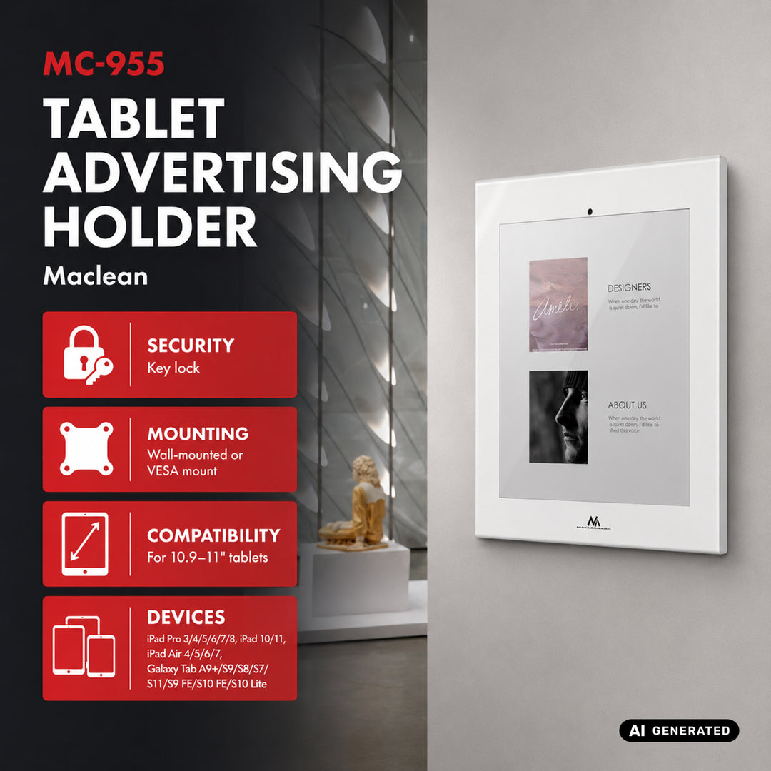 Maclean tablet-tartó, rögzítővel, 10,9–11", iPad Air/Pro, Samsung Tab A és S sorozat, 220x323x22 mm, MC-955 W