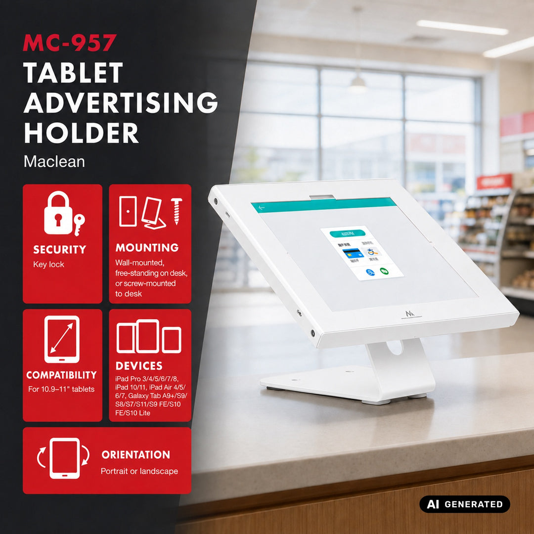 Maclean tablet-tartó rögzítővel, 10,9–11 hüvelyk, iPad Air/Pro, Samsung Tab A és S sorozat, 220×323×22 mm, MC-957 W