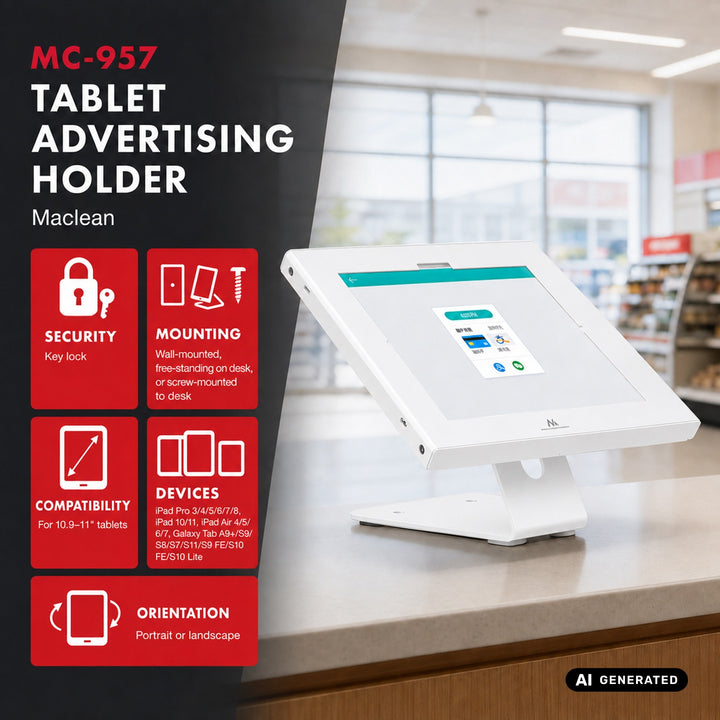 Maclean tablet-tartó rögzítővel, 10,9–11 hüvelyk, iPad Air/Pro, Samsung Tab A és S sorozat, 220×323×22 mm, MC-957 W