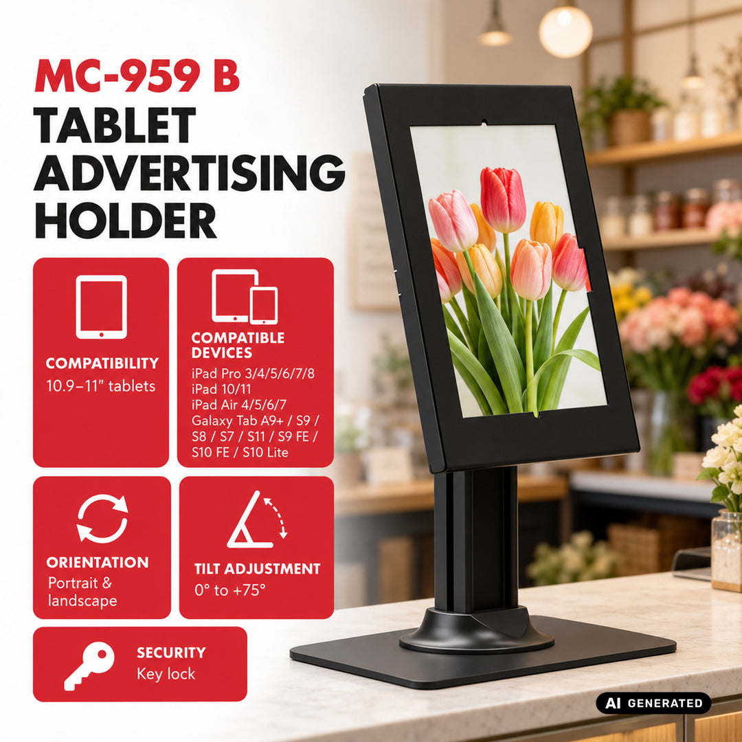 Maclean tablet-tartó, rögzítővel, 10,9–11 hüvelyk, iPad Air/Pro, Samsung Tab A és S sorozat, 220x323x22 mm, MC-959 B