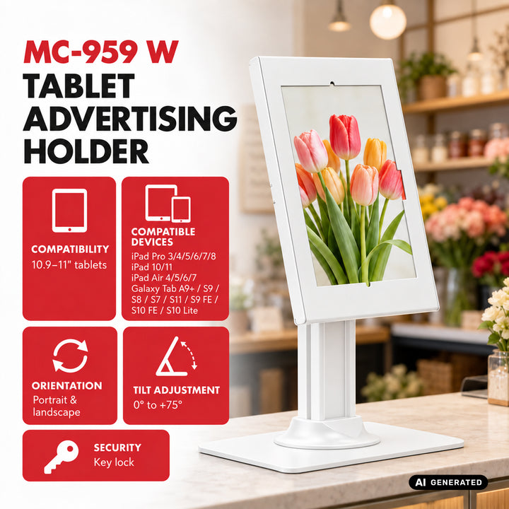 Maclean tablet-tartó reklámcélra, reteszeléssel, 10,9–11 hüvelyk, iPad Air/Pro, Samsung Tab A és S sorozat, 220×323×22 mm, MC-959 W