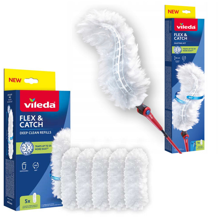 Vileda Flex&Catch porlapát, hosszú nyelű, csúszásgátló védelemmel, rugalmas fejjel + 5 porlapát-utántöltő