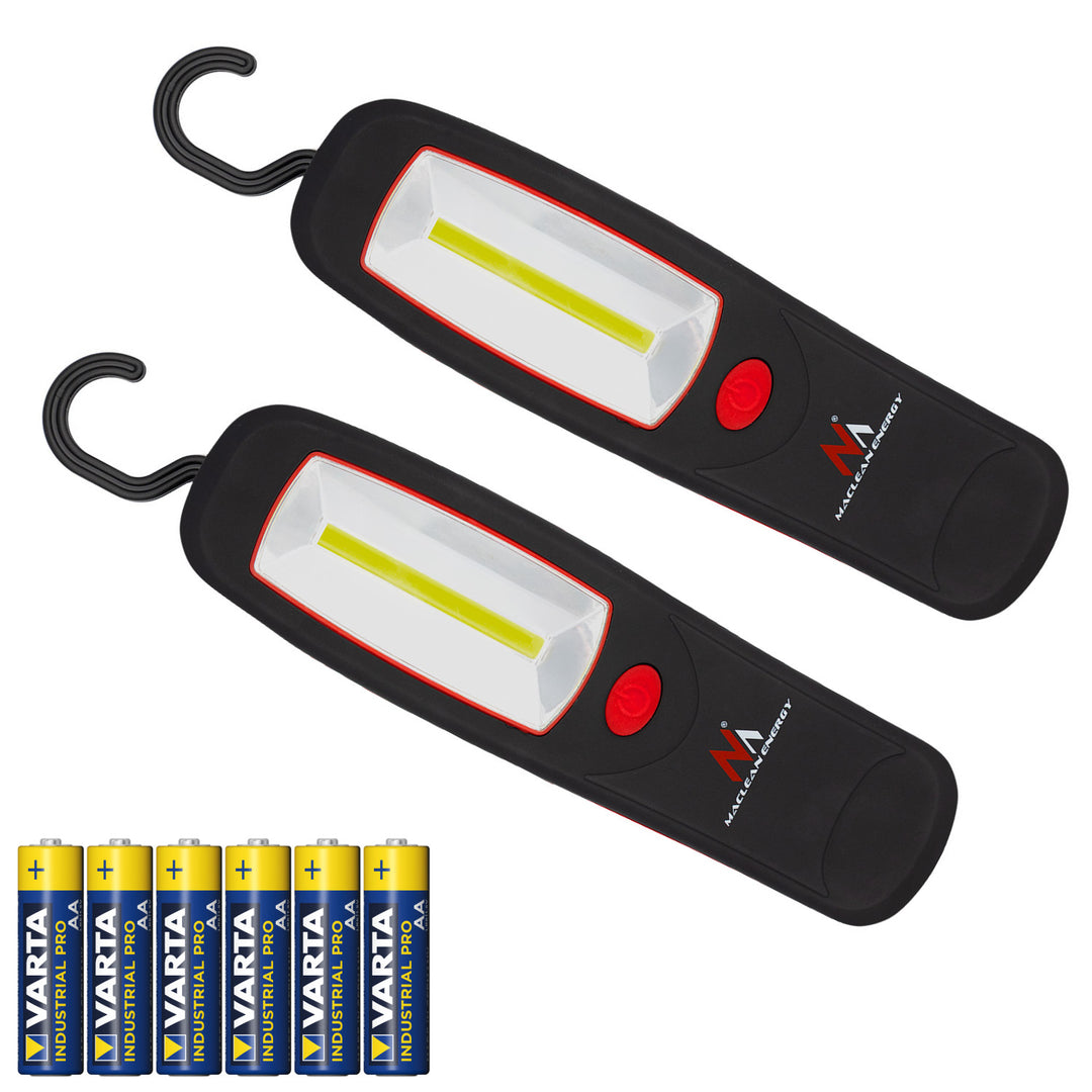 Maclean COB LED műhelylámpa, mágnes, akasztó, MCE03, 2 db + 6 db Varta Industrial LR6/AA R-06 elem