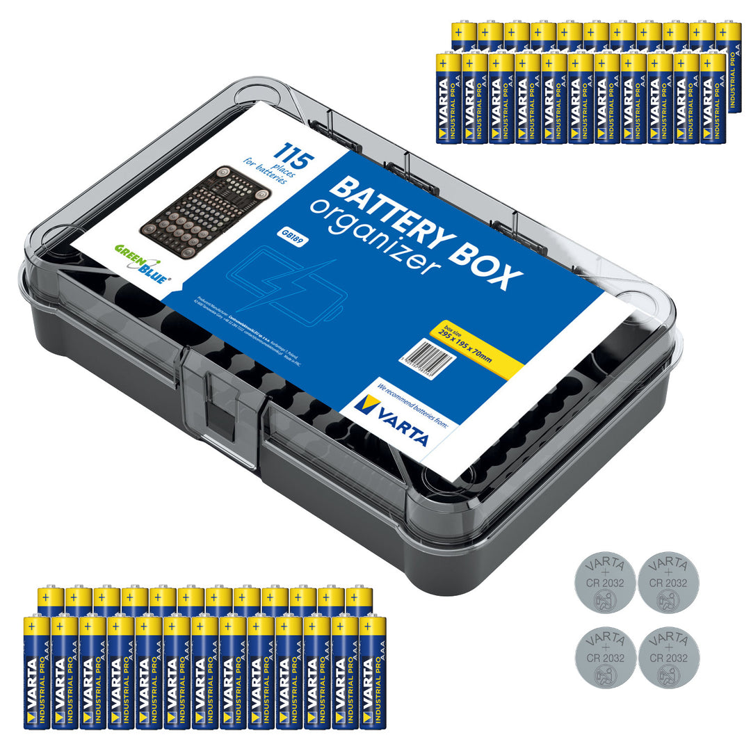GreenBlue Varta Box GB189 akkumulátor-tároló + 22 db Varta Industrial AA akkumulátor + 25 db Varta Industrial AAA akkumulátor + 4 db Varta CR2032 lítium akkumulátor