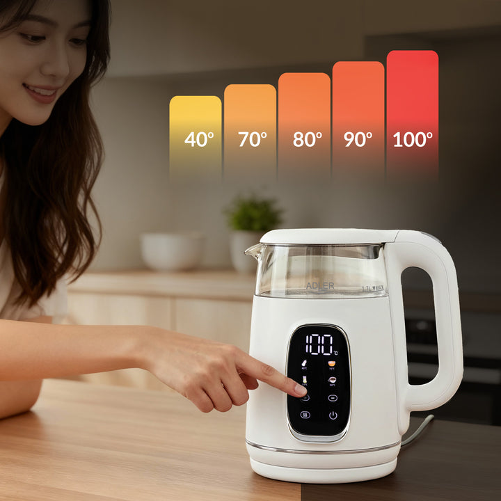 1,7 l-es üveg elektromos vízforraló hőmérséklet-szabályozóval, LED-es kijelzővel, 40–100 °C, Adler AD 1305 WS fehér