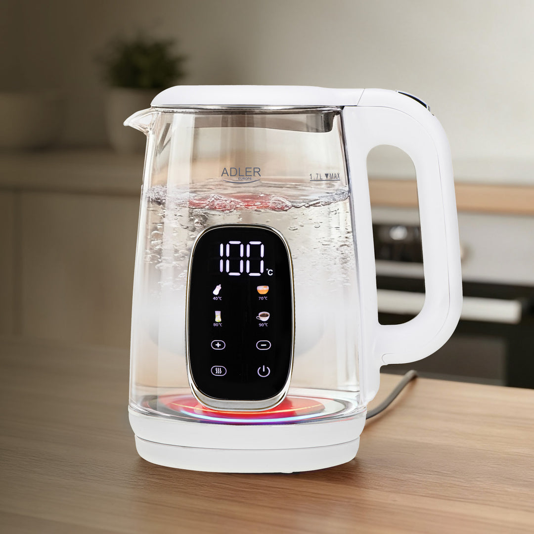 1,7 l-es üveg elektromos vízforraló hőmérséklet-szabályozóval, LED-es kijelzővel, 40–100 °C, Adler AD 1305 WS fehér