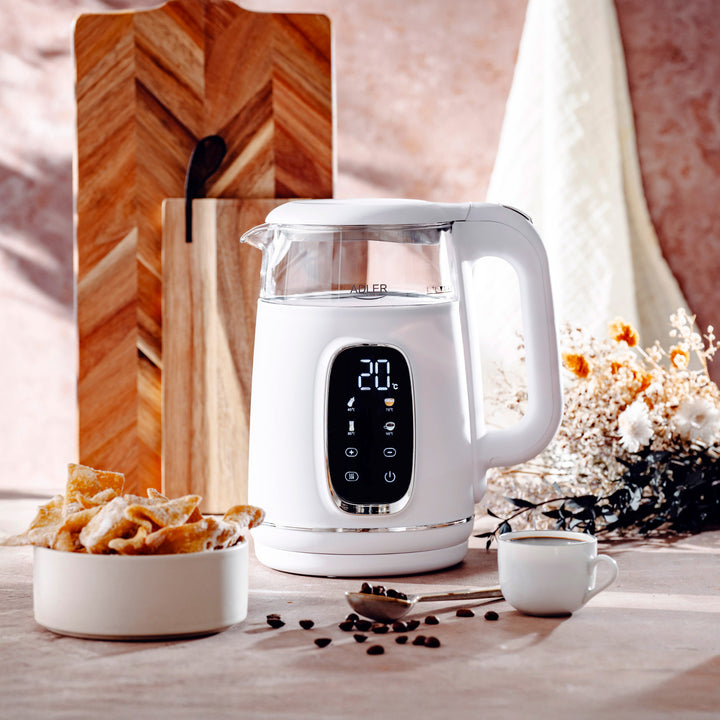 1,7 l-es üveg elektromos vízforraló hőmérséklet-szabályozóval, LED-es kijelzővel, 40–100 °C, Adler AD 1305 WS fehér