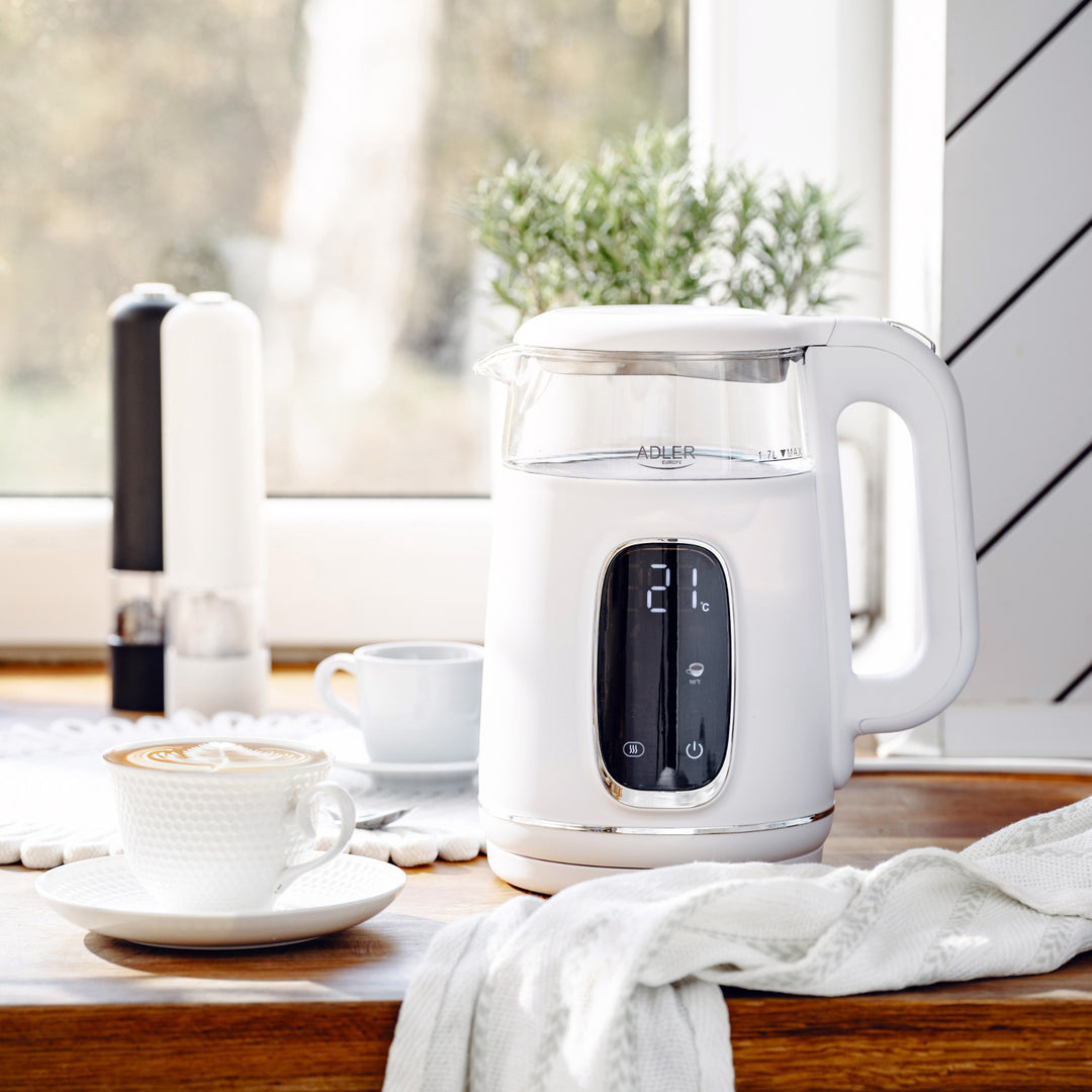 1,7 l-es üveg elektromos vízforraló hőmérséklet-szabályozóval, LED-es kijelzővel, 40–100 °C, Adler AD 1305 WS fehér