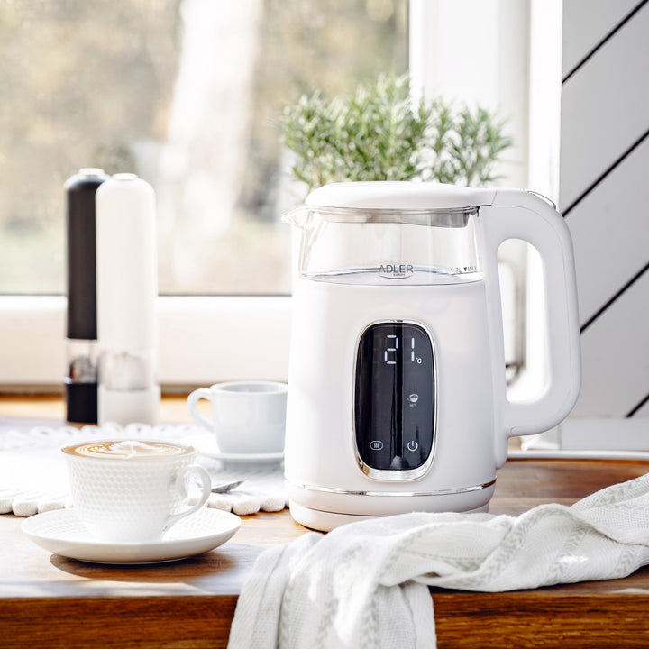 1,7 l-es üveg elektromos vízforraló hőmérséklet-szabályozóval, LED-es kijelzővel, 40–100 °C, Adler AD 1305 WS fehér