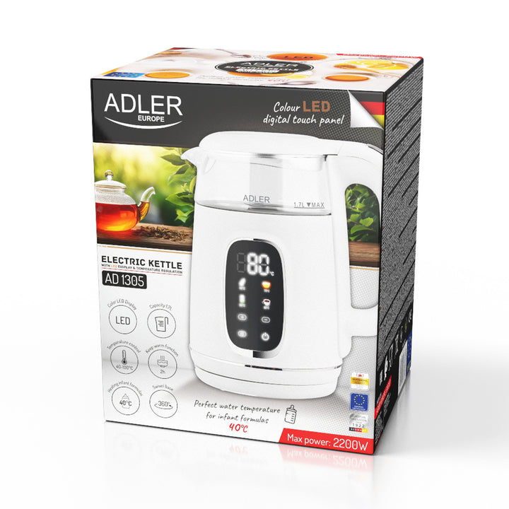 1,7 l-es üveg elektromos vízforraló hőmérséklet-szabályozóval, LED-es kijelzővel, 40–100 °C, Adler AD 1305 WS fehér