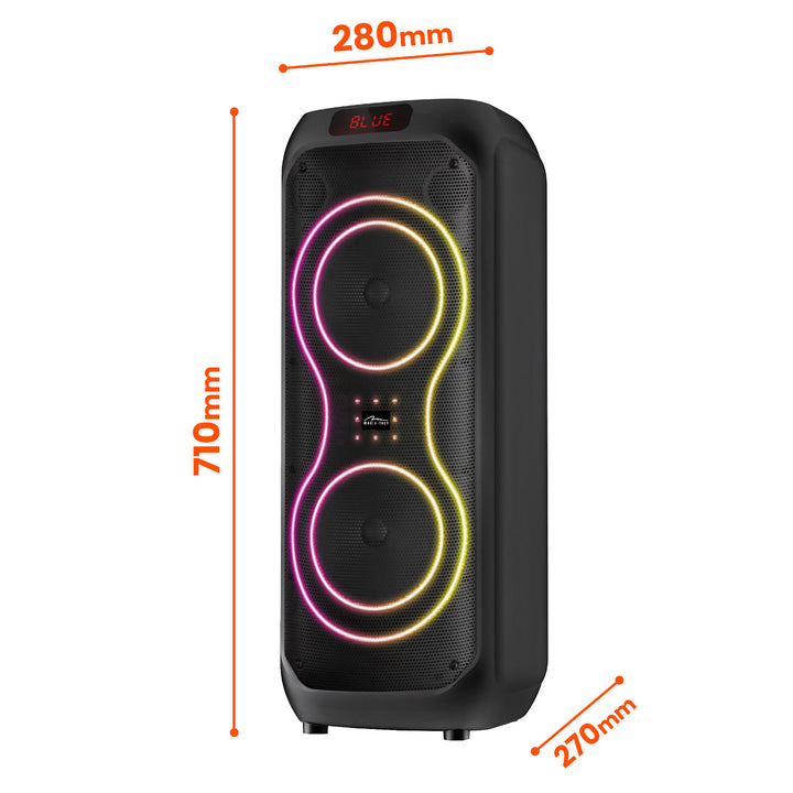 Nagy Bluetooth hangszóró, 120 W RMS/1400 W PMPO, két 8 hüvelykes hangszóró, hangszínszabályzó, karaoke funkció, MP3/microSD kártyák, USB, AUX, BT 5.3+EDR, kijelző, LED, beépített akkumulátor, távirányító, MT3185