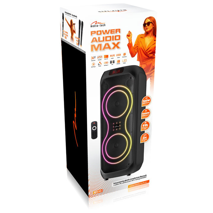 Nagy Bluetooth hangszóró, 120 W RMS/1400 W PMPO, két 8 hüvelykes hangszóró, hangszínszabályzó, karaoke funkció, MP3/microSD kártyák, USB, AUX, BT 5.3+EDR, kijelző, LED, beépített akkumulátor, távirányító, MT3185