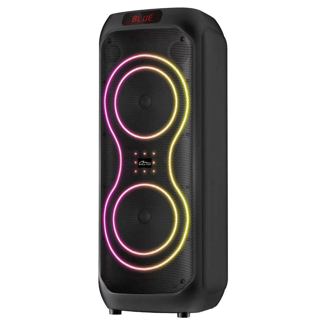 Nagy Bluetooth hangszóró, 120 W RMS/1400 W PMPO, két 8 hüvelykes hangszóró, hangszínszabályzó, karaoke funkció, MP3/microSD kártyák, USB, AUX, BT 5.3+EDR, kijelző, LED, beépített akkumulátor, távirányító, MT3185