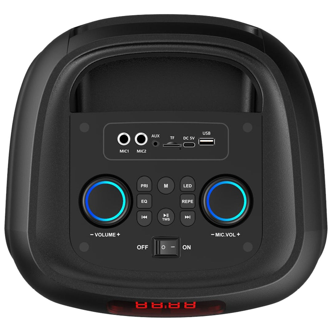 Nagy Bluetooth hangszóró, 120 W RMS/1400 W PMPO, két 8 hüvelykes hangszóró, hangszínszabályzó, karaoke funkció, MP3/microSD kártyák, USB, AUX, BT 5.3+EDR, kijelző, LED, beépített akkumulátor, távirányító, MT3185