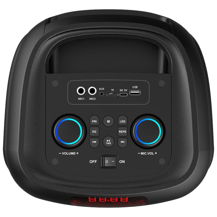 Nagy Bluetooth hangszóró, 120 W RMS/1400 W PMPO, két 8 hüvelykes hangszóró, hangszínszabályzó, karaoke funkció, MP3/microSD kártyák, USB, AUX, BT 5.3+EDR, kijelző, LED, beépített akkumulátor, távirányító, MT3185