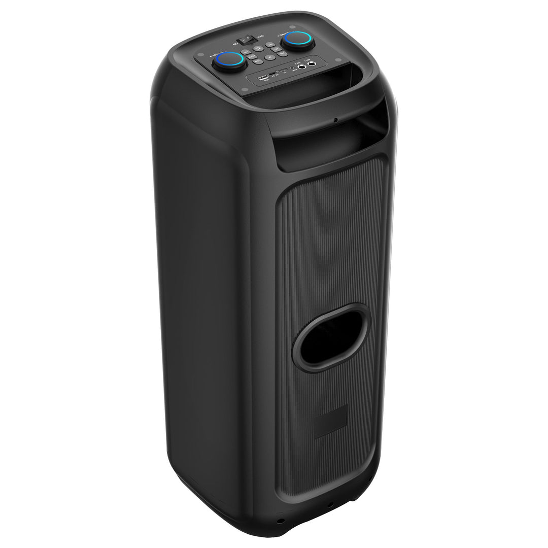 Nagy Bluetooth hangszóró, 120 W RMS/1400 W PMPO, két 8 hüvelykes hangszóró, hangszínszabályzó, karaoke funkció, MP3/microSD kártyák, USB, AUX, BT 5.3+EDR, kijelző, LED, beépített akkumulátor, távirányító, MT3185