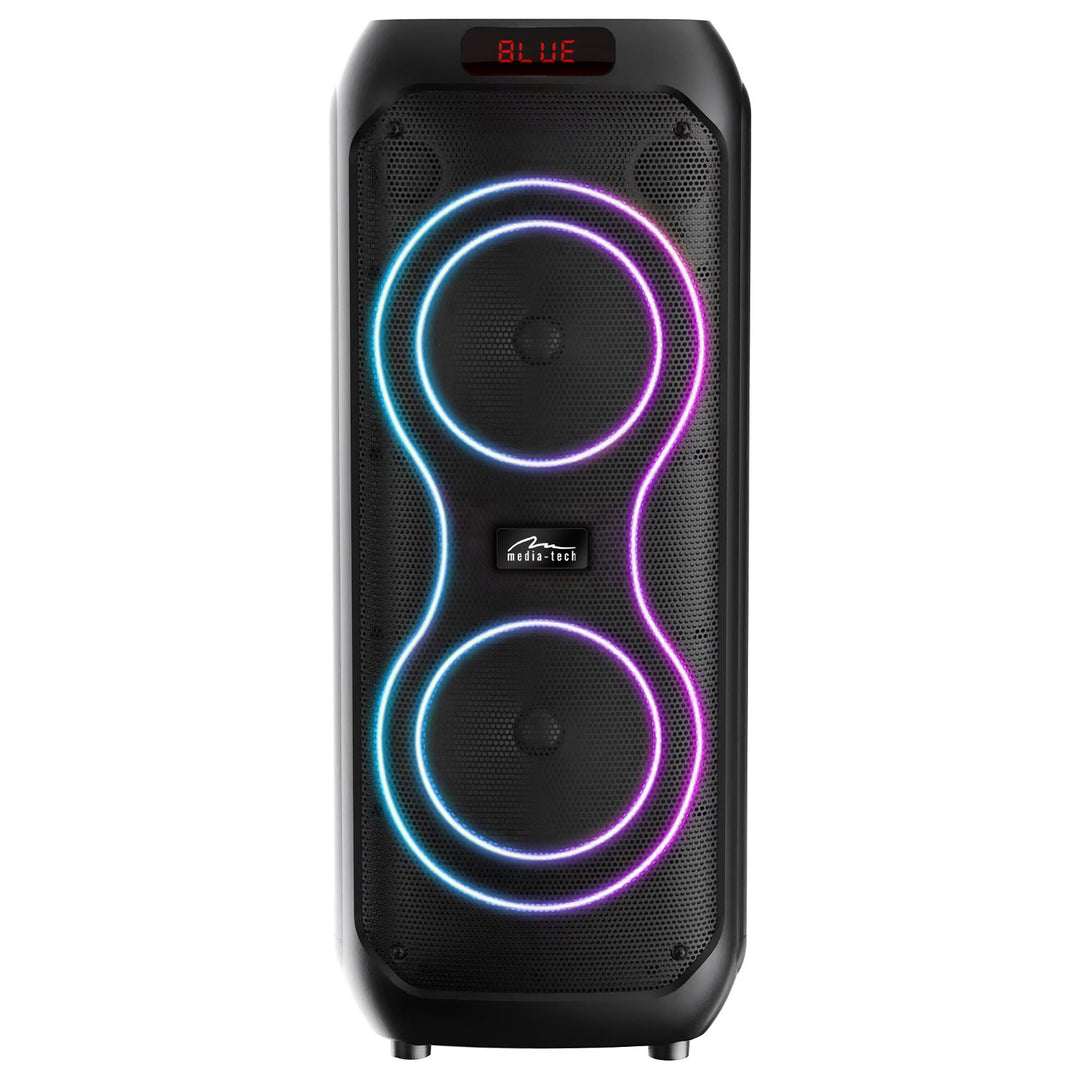 Nagy Bluetooth hangszóró, 120 W RMS/1400 W PMPO, két 8 hüvelykes hangszóró, hangszínszabályzó, karaoke funkció, MP3/microSD kártyák, USB, AUX, BT 5.3+EDR, kijelző, LED, beépített akkumulátor, távirányító, MT3185