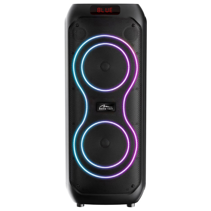 Nagy Bluetooth hangszóró, 120 W RMS/1400 W PMPO, két 8 hüvelykes hangszóró, hangszínszabályzó, karaoke funkció, MP3/microSD kártyák, USB, AUX, BT 5.3+EDR, kijelző, LED, beépített akkumulátor, távirányító, MT3185