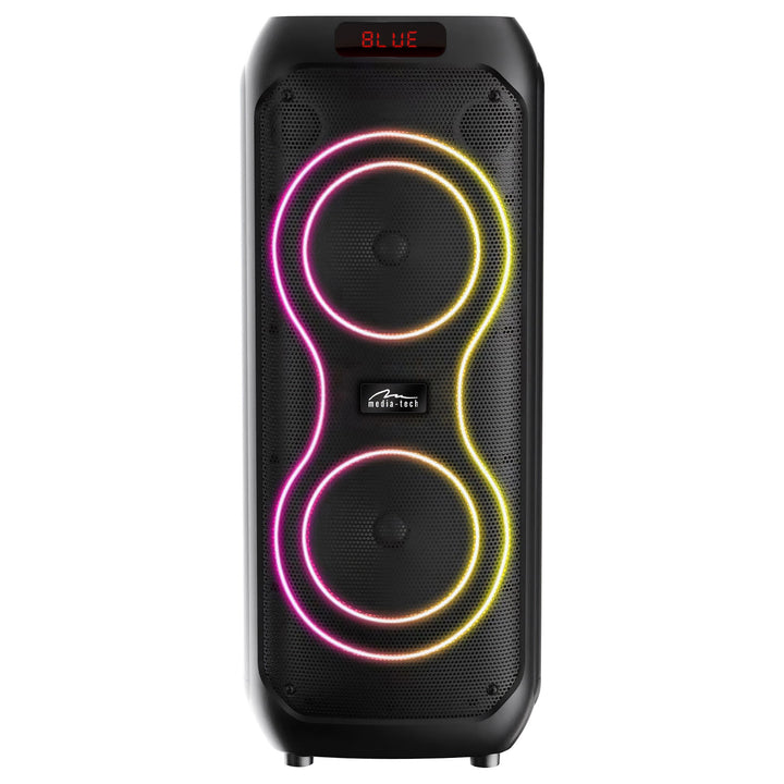 Nagy Bluetooth hangszóró, 120 W RMS/1400 W PMPO, két 8 hüvelykes hangszóró, hangszínszabályzó, karaoke funkció, MP3/microSD kártyák, USB, AUX, BT 5.3+EDR, kijelző, LED, beépített akkumulátor, távirányító, MT3185