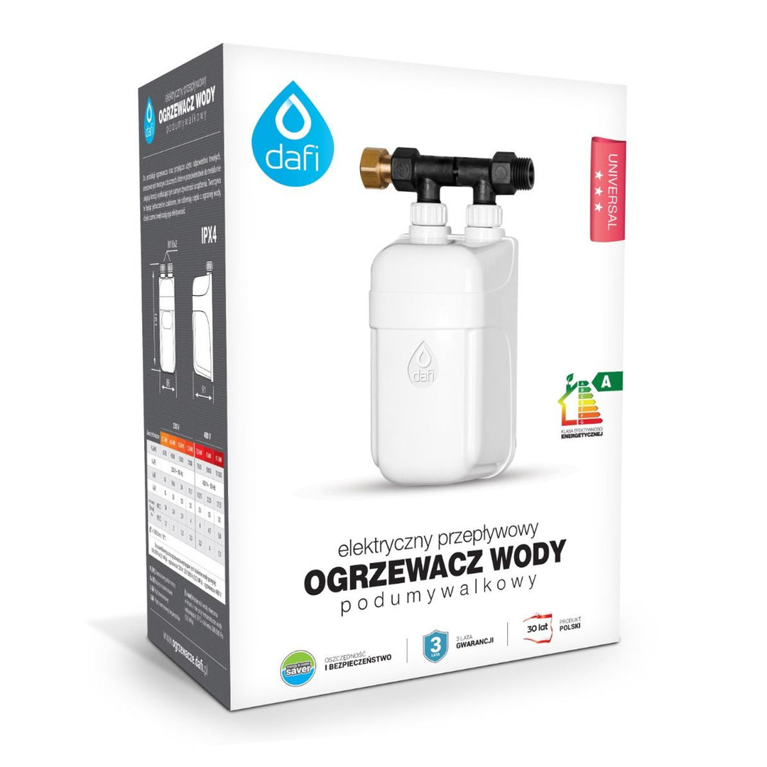 Dafi átfolyó vízmelegítő, mosdó alá szerelhető, csatlakozóval, 3,7 kW, 230 V