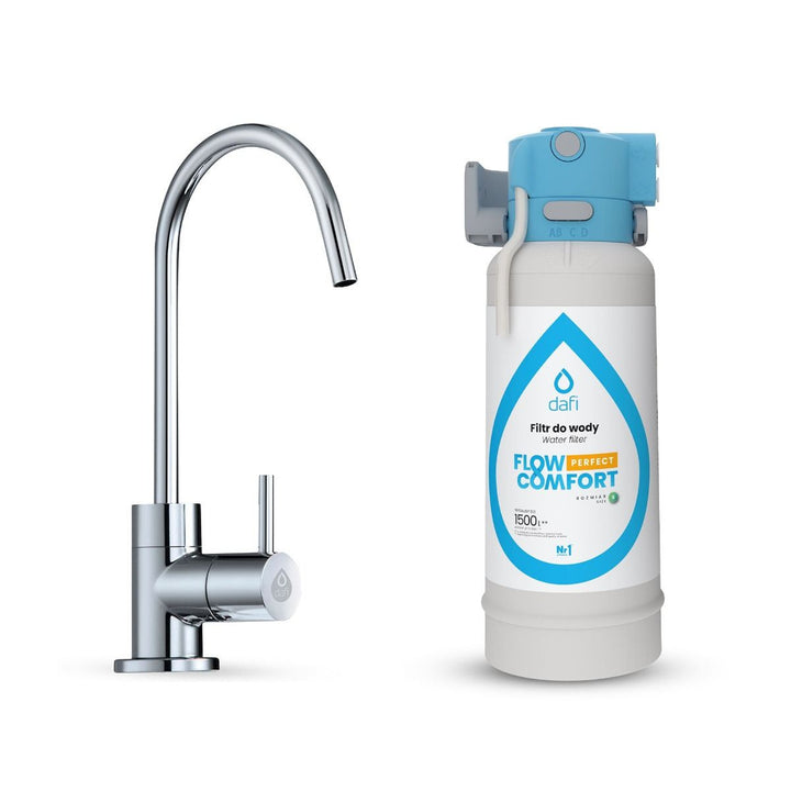 Dafi Flow Comfort Perfect szűrőrendszer, szűrt vízhez való csap a csomagban, szűrőteljesítmény: 4,3 l/perc, króm színű, F.FR.FIL.POD.Z.REG.BAT.1.DR