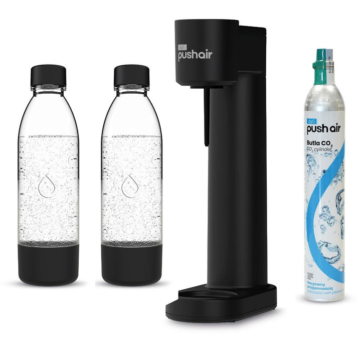 Dafi Push Air szénsavasító, fekete színű, a csomagban 2 db 0,7 l-es palack és egy CO2-patron