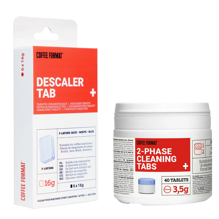 Kávéfőző-tisztító tabletták szett, 2-phase Cleaning TABS+ 40 db × 3,5 g + kávéfőző-vízkőmentesítő tabletták, Descaler Tab+ 6 db × 16 g