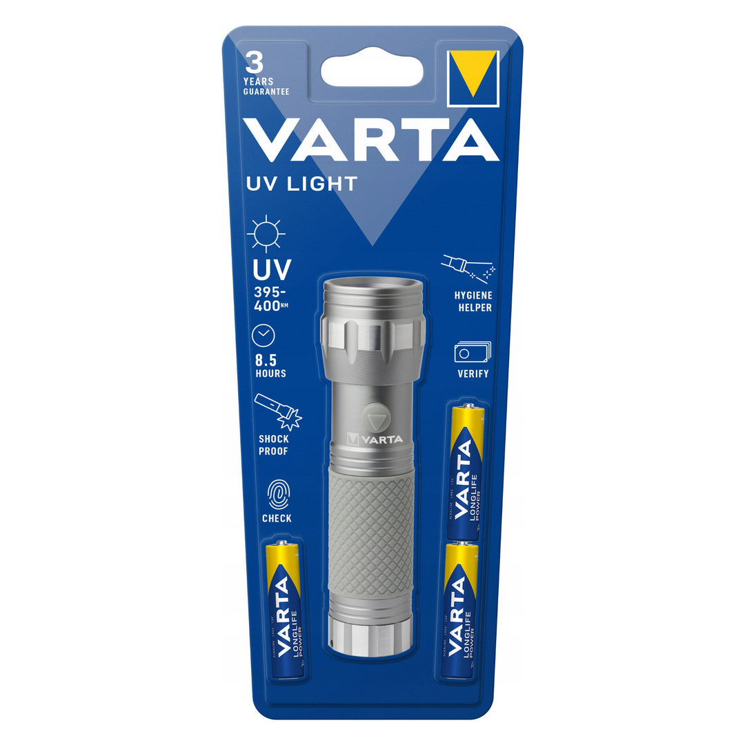 15638-as típusú alumínium UV LED kézi zseblámpa, UV hullámhossz: 395–400 nm, Multi LED technológia + Varta elemek a csomagban