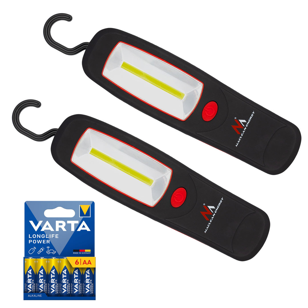 2 db Maclean COB LED műhelylámpa, mágnes, akasztó, MCE03 + 6 db R-06 R06 AA LR06 1,5 V-os VARTA Longlife Power elem