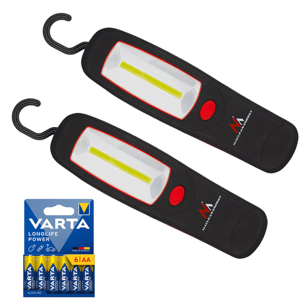 2 db Maclean COB LED műhelylámpa, mágnes, akasztó, MCE03 + 6 db R-06 R06 AA LR06 1,5 V-os VARTA Longlife Power elem
