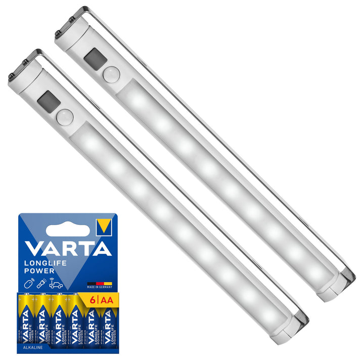 2 db Maclean LED konyhai lámpa, szekrény alá szerelhető, 9 SMD-vel, elemes, PIR-érzékelős be-/kikapcsolóval, MCE166 + 6 db R-06/AA/LR06 1,5 V-os VARTA Longlife Power elem