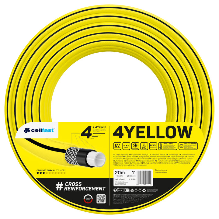 Cellfast kerti tömlő, 4 rétegű, UV-álló, 1 hüvelyk átmérőjű, 20 méter hosszú, 4YELLOW