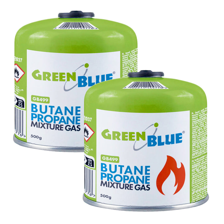 2 db 500 g-os GreenBlue gázpatron. Tanúsítvány: Pi 0437, EN417 szabványnak megfelelő, bután-propán, használati hőmérséklet-tartomány: -10 °C és +40 °C között, 7/16''-os menetes szelep, GB499