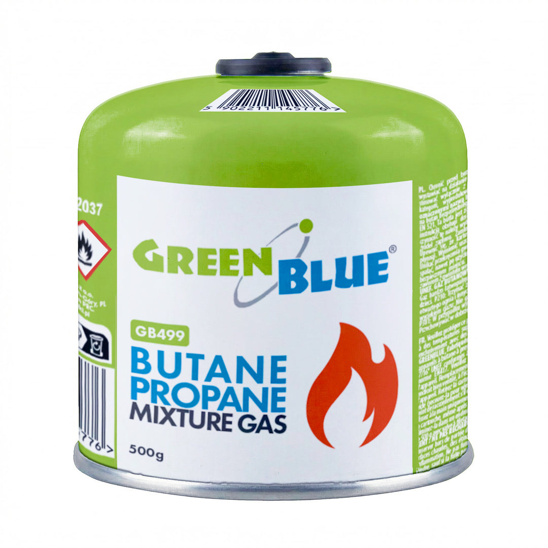 4 db 500 g-os GreenBlue gázpatron. Tanúsítvány: Pi 0437, EN417 szabványnak megfelelő, bután-propán, használati hőmérséklet-tartomány: -10 °C és +40 °C között, 7/16''-os menetes szelep GB499