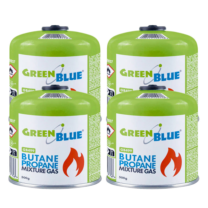 4 db 500 g-os GreenBlue gázpatron. Tanúsítvány: Pi 0437, EN417 szabványnak megfelelő, bután-propán, használati hőmérséklet-tartomány: -10 °C és +40 °C között, 7/16''-os menetes szelep GB499
