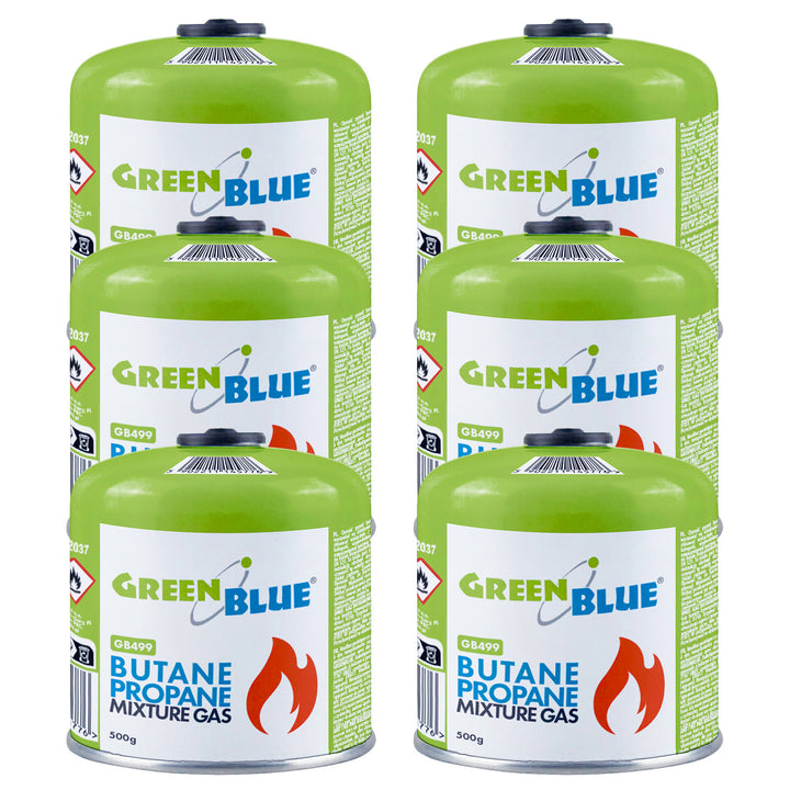 6 db 500 g-os GreenBlue gázpatron. Tanúsítvány: Pi 0437, EN417 szabványnak megfelelő, bután-propán, használati hőmérséklet-tartomány: -10 °C és +40 °C között, 7/16''-os menetes szelep GB499