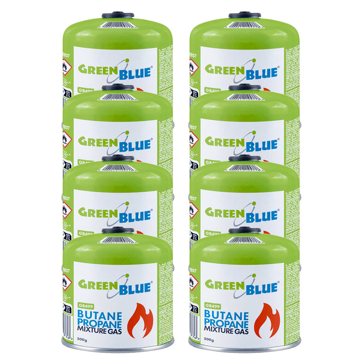 8 db 500 g-os GreenBlue gázpatron. Tanúsítvány: Pi 0437, EN417 szabványnak megfelelő, bután-propán, használati hőmérséklet-tartomány: -10 °C és +40 °C között, 7/16''-os menetes szelep GB499