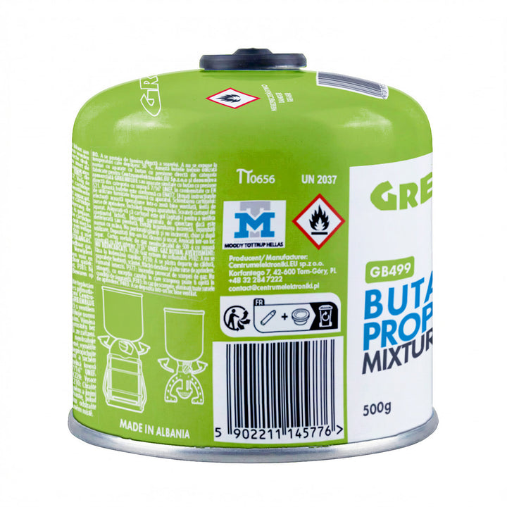 10 db 500 g-os GreenBlue gázpatron. Tanúsítvány: Pi 0437, EN417 szabványnak megfelelő, bután-propán, használati hőmérséklet-tartomány: -10 °C és +40 °C között, 7/16''-os menetes szelep, GB499