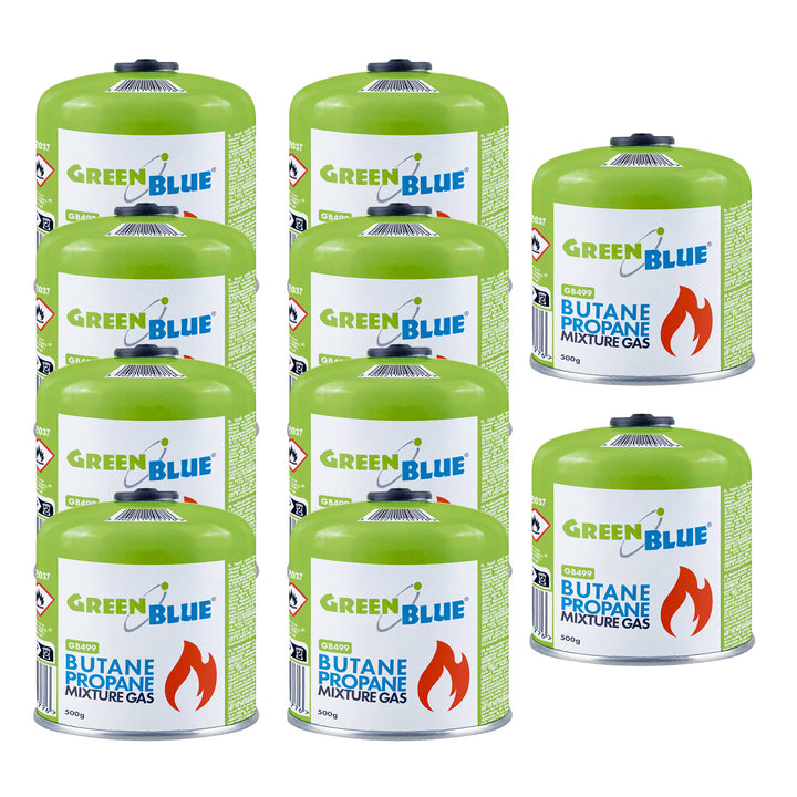 10 db 500 g-os GreenBlue gázpatron. Tanúsítvány: Pi 0437, EN417 szabványnak megfelelő, bután-propán, használati hőmérséklet-tartomány: -10 °C és +40 °C között, 7/16''-os menetes szelep, GB499
