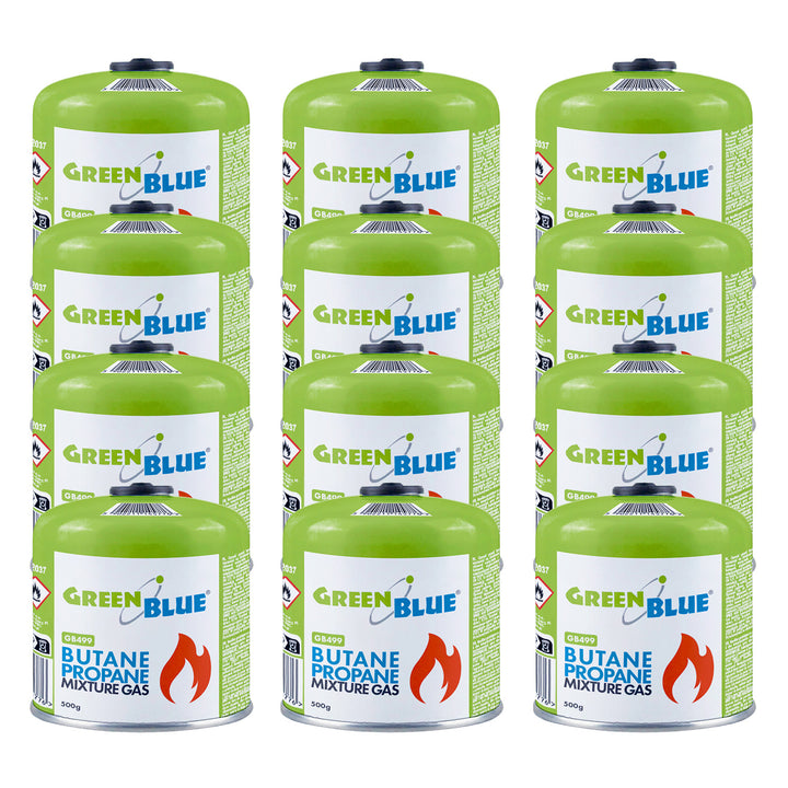 12 db 500 g-os GreenBlue gázpatron. Tanúsítvány: Pi 0437, EN417 szabványnak megfelelő, bután-propán, használati hőmérséklet-tartomány: -10 °C és +40 °C között, 7/16''-os menetes szelep, GB499