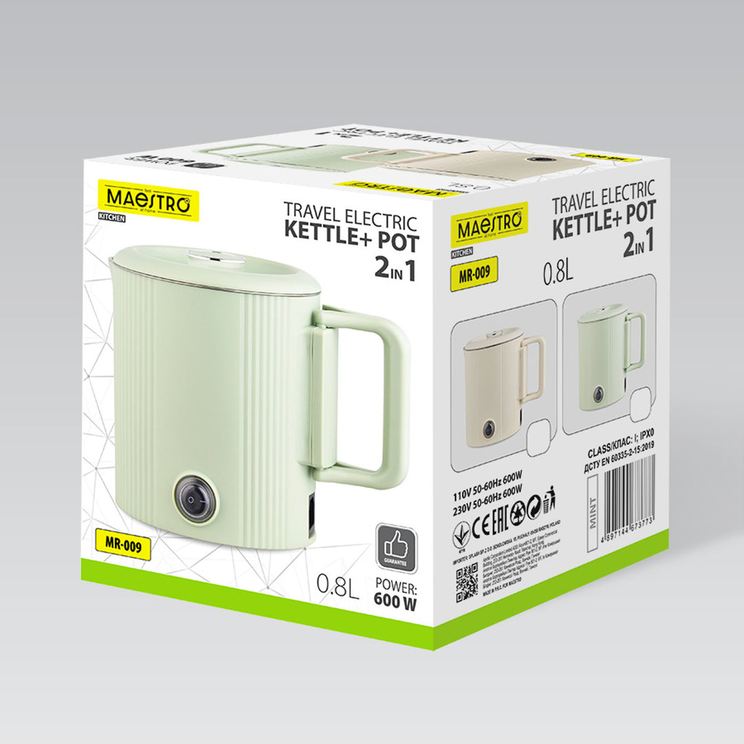 Maestro elektromos vízforraló / utazóedény, 2 az 1-ben, 0,8 l űrtartalom, 600 W teljesítmény, összecsukható fogantyú, 110 V/230 V feszültségváltó kapcsoló, mentaszínű, MR-009-MINT