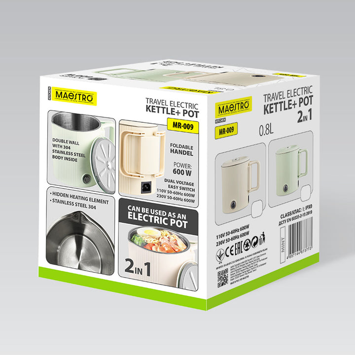 Maestro elektromos vízforraló / utazóedény, 2 az 1-ben, 0,8 l űrtartalom, 600 W teljesítmény, összecsukható fogantyú, 110 V/230 V feszültségváltó kapcsoló, mentaszínű, MR-009-MINT