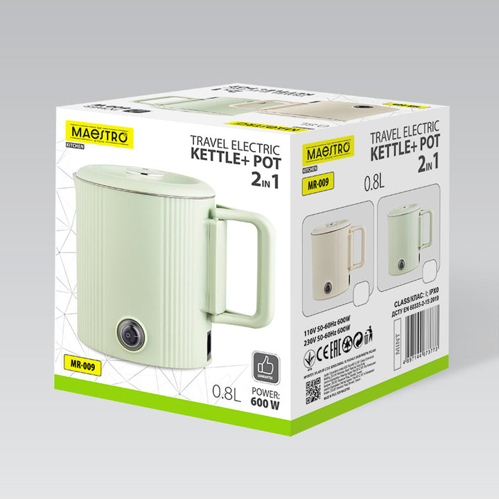 Maestro elektromos vízforraló / utazóedény, 2 az 1-ben, 0,8 l űrtartalom, 600 W teljesítmény, összecsukható fogantyú, 110 V/230 V feszültségváltó kapcsoló, bézs szín, MR-009-BEIGE