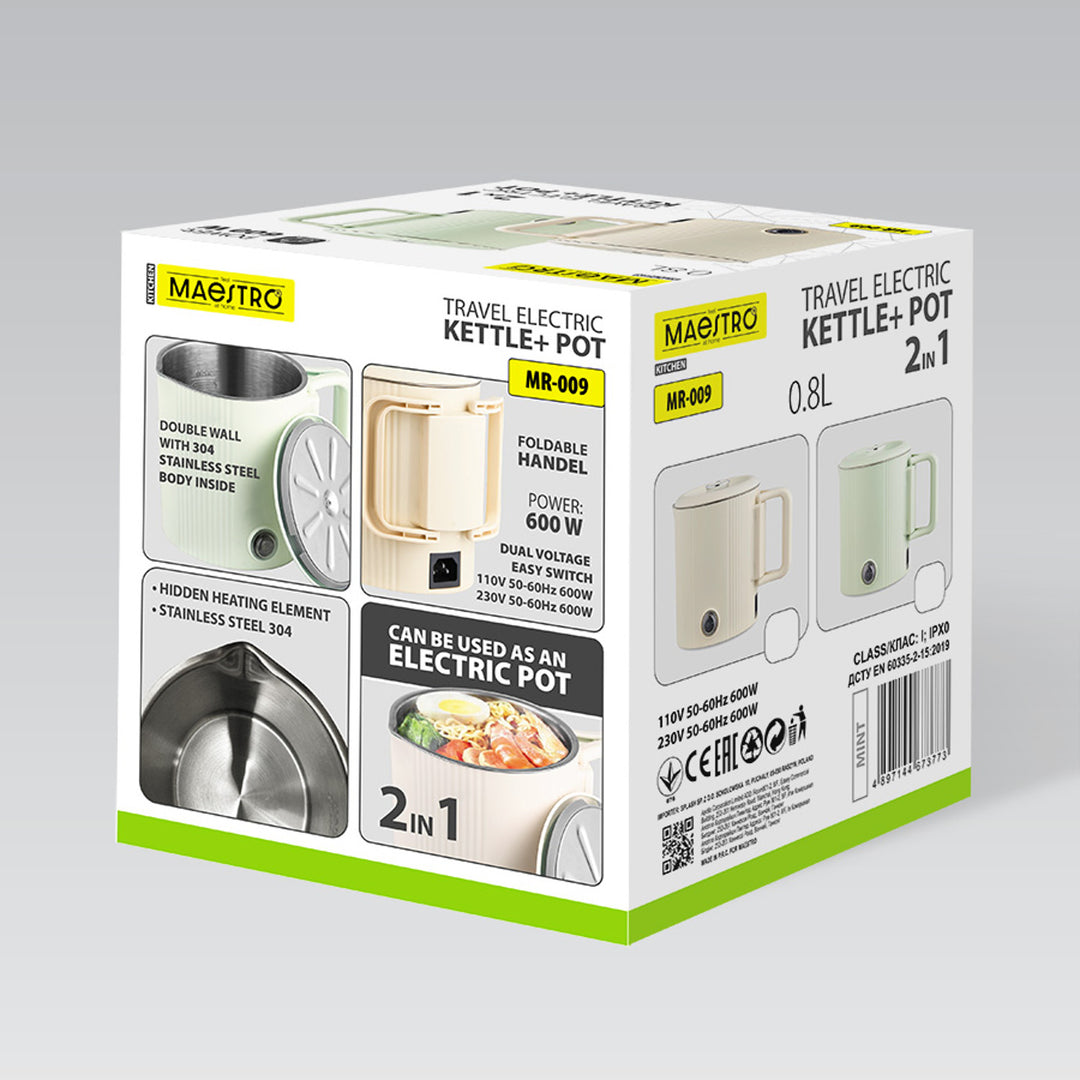 Maestro elektromos vízforraló / utazóedény, 2 az 1-ben, 0,8 l űrtartalom, 600 W teljesítmény, összecsukható fogantyú, 110 V/230 V feszültségváltó kapcsoló, bézs szín, MR-009-BEIGE