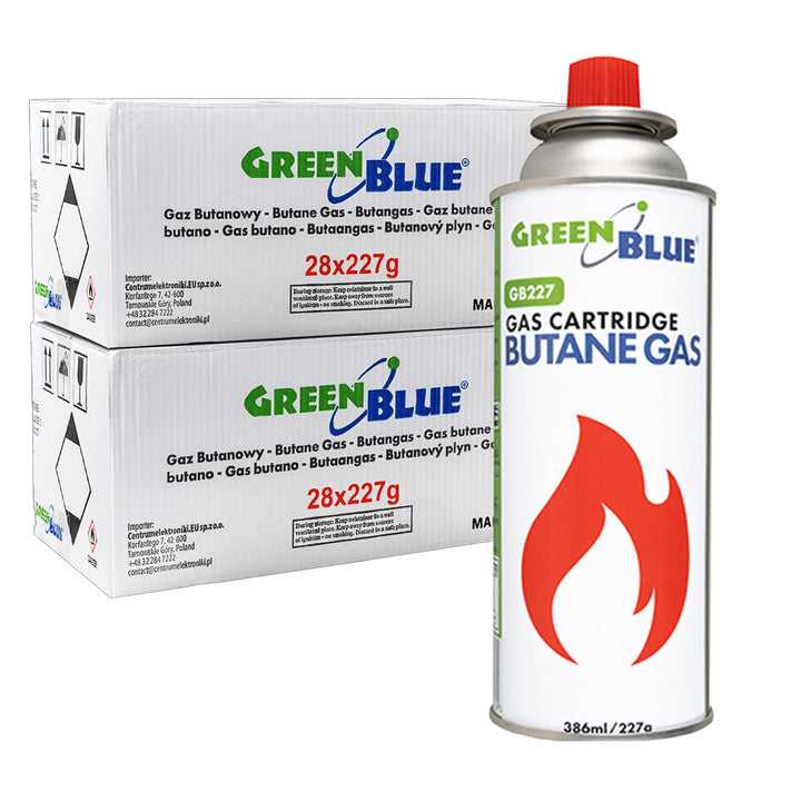 56 db 227 g-os GreenBlue gázpatron. Tanúsítvány: Pi 0875, megfelel az EN417 szabványnak, bután, működési hőmérséklet-tartomány: -10 °C és +40 °C között, GB227