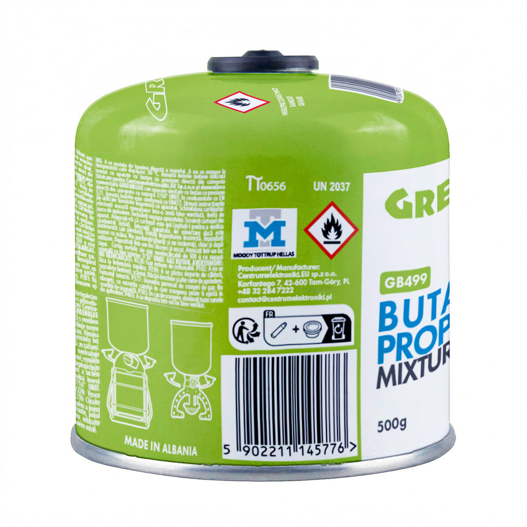 24 db 500 g-os GreenBlue gázpatron. Tanúsítvány: Pi 0437, EN417 szabványnak megfelelő, bután-propán, hőmérséklet-tartomány: -10 °C és +40 °C között, 7/16''-os menetes szelep, GB499