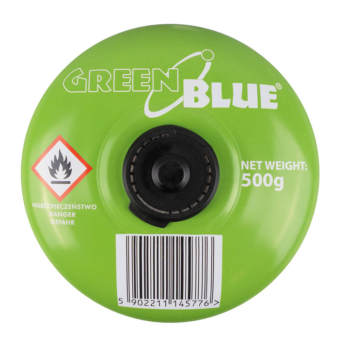 24 db 500 g-os GreenBlue gázpatron. Tanúsítvány: Pi 0437, EN417 szabványnak megfelelő, bután-propán, hőmérséklet-tartomány: -10 °C és +40 °C között, 7/16''-os menetes szelep, GB499