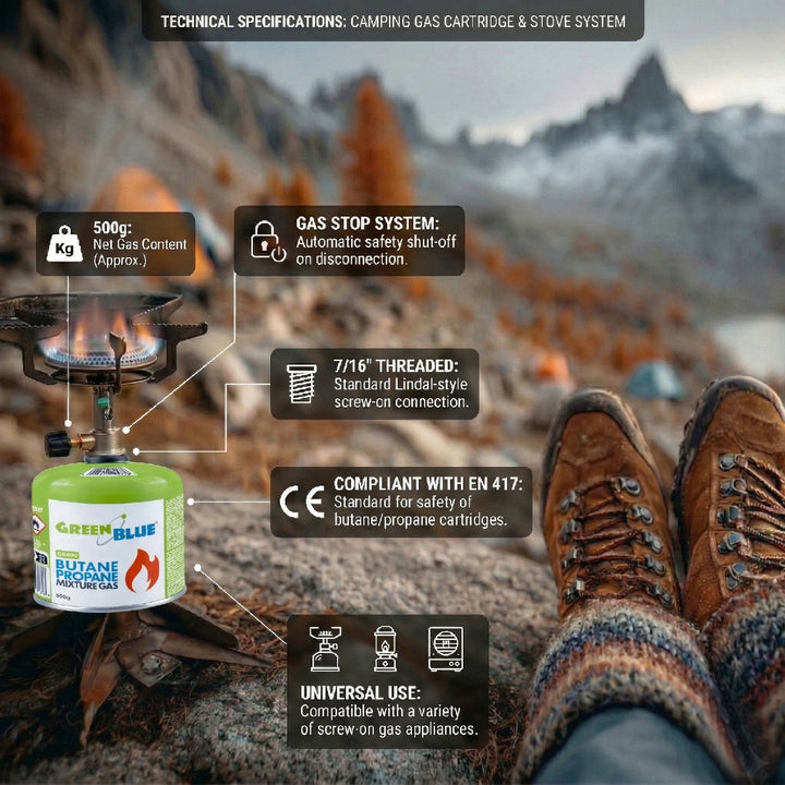 24 db 500 g-os GreenBlue gázpatron. Tanúsítvány: Pi 0437, EN417 szabványnak megfelelő, bután-propán, hőmérséklet-tartomány: -10 °C és +40 °C között, 7/16''-os menetes szelep, GB499