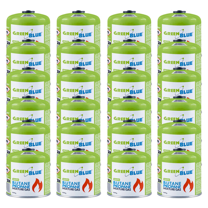 24 db 500 g-os GreenBlue gázpatron. Tanúsítvány: Pi 0437, EN417 szabványnak megfelelő, bután-propán, hőmérséklet-tartomány: -10 °C és +40 °C között, 7/16''-os menetes szelep, GB499